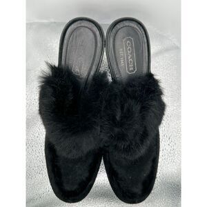 COACH Kaela Black Suede Rabbit Fur Slip On Clogs Mules With Wedge Heels - US 9